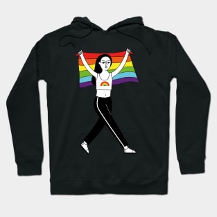 Woman with rainbow flag in her hands. Hoodie